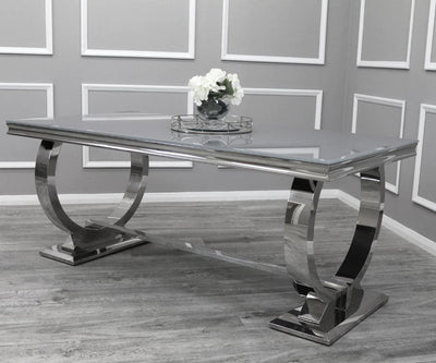 Arianna Glass & Chrome Dining Table With Quilted Lion Knocker Button Back Velvet Chairs
