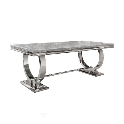 Arianna 180cm Grey Marble Dining Table + Belgravia Light Grey Plush Velvet Button Dining Chairs-Esme Furnishings