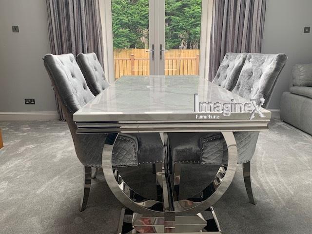 Arianna 200cm White Marble Dining Table + Belgravia Light Grey Plush Velvet Button Dining Chairs-Esme Furnishings
