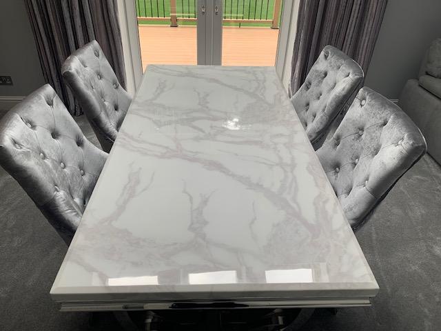 Arianna 200cm White Marble Dining Table + Belgravia Light Grey Plush Velvet Button Dining Chairs-Esme Furnishings