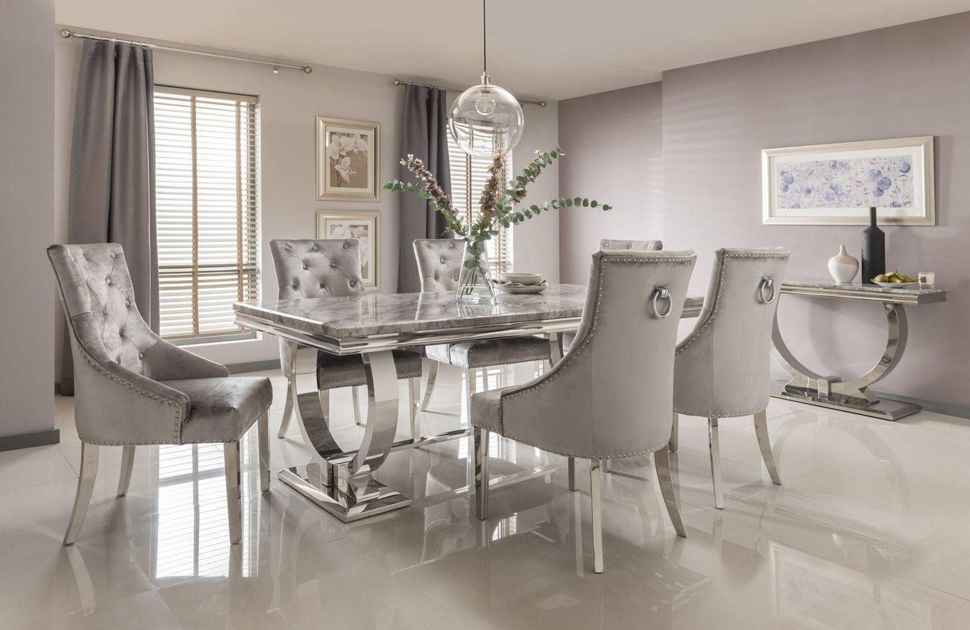 Arianna 200cm Grey Marble Dining Table + Belle Charcoal Velvet Chairs-Esme Furnishings