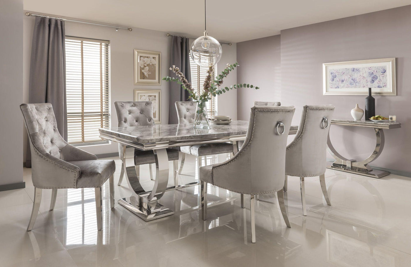 Arianna 180cm Grey Marble Dining Table + Belle Charcoal Velvet Chairs-Esme Furnishings