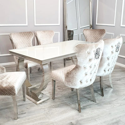 Arianna Glass & Chrome Dining Table With Quilted Lion Knocker Button Back Velvet Chairs