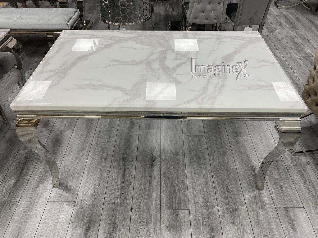 Louis 200cm White Marble Dining Table + 4 Grey Ring Knocker Chairs + 160cm Bench-Esme Furnishings
