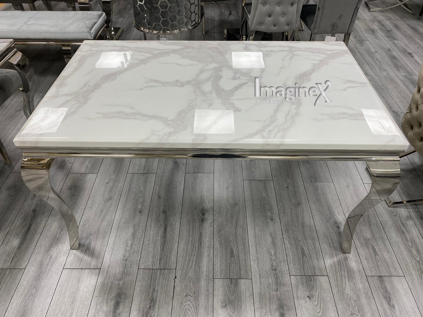 Louis 180cm White Marble Dining Table + Grey Lion Knocker Plush Velvet Chairs-Esme Furnishings