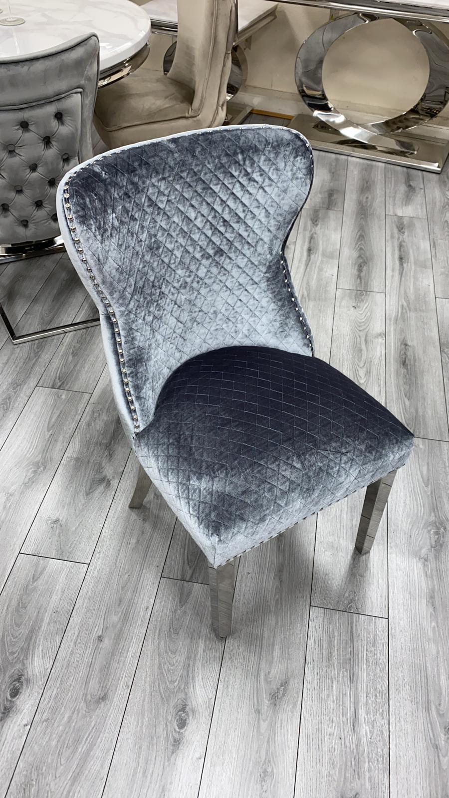 Louis 120cm Grey Marble Dining Table + Valente Dark Grey Lion Knocker Velvet Chairs-Esme Furnishings