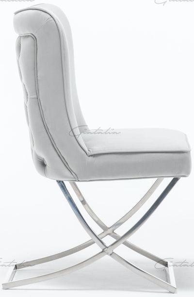 Louis 200cm White Marble Dining Table + Belgravia Light Grey Plush Velvet Button Dining Chairs-Esme Furnishings