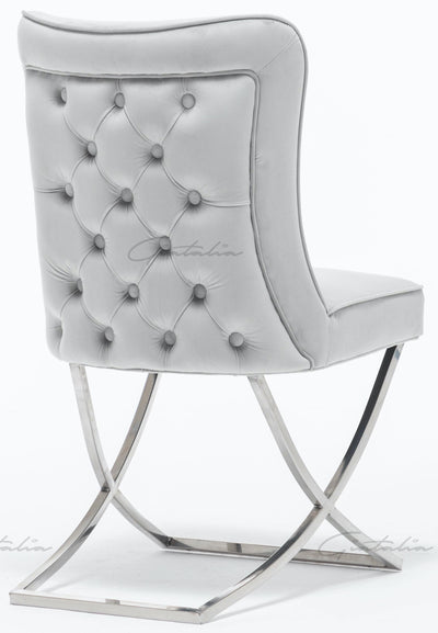 Louis 200cm Grey Marble Dining Table + Belgravia Light Grey Plush Velvet Button Dining Chairs-Esme Furnishings