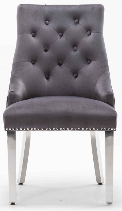 Ottavia Grey Marble 180CM Dining Table + Knightsbridge Chrome Knocker Plush Velvet Dining Chairs-Esme Furnishings