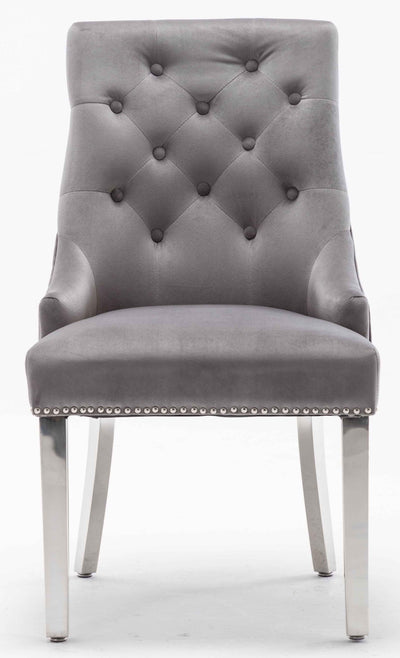 Louis 150cm White Marble Dining Table + Knightsbridge Light Grey Knocker Plush Velvet Chairs-Esme Furnishings
