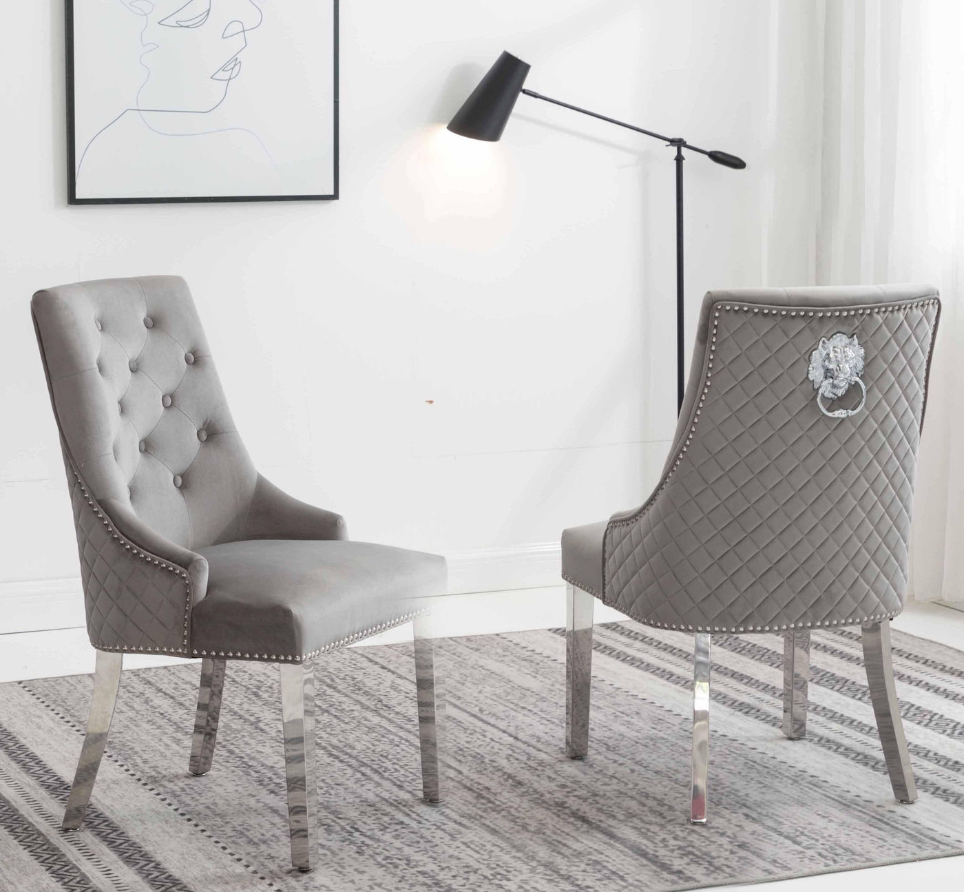 Louis 150cm White Marble Dining Table + Light Grey Lion Knocker Plush Velvet Chairs-Esme Furnishings