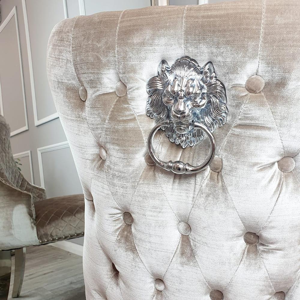 Valente Champagne Mink Velvet Fabric Button Back Lion Knocker Quilted Dining Chair-Esme Furnishings