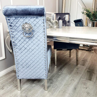Louis 160cm Grey Marble Dining Table + Lucy Lion Slim Knocker Plush Velvet Chairs In 4 Colours-Esme Furnishings