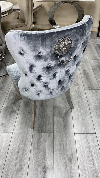 Louis 120cm Grey Marble Dining Table + Valente Dark Grey Lion Knocker Velvet Chairs-Esme Furnishings