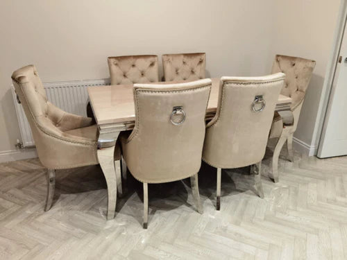 Louis 200cm Cream Marble Dining Table + Chrome Ring Knocker Dining Chairs-Esme Furnishings