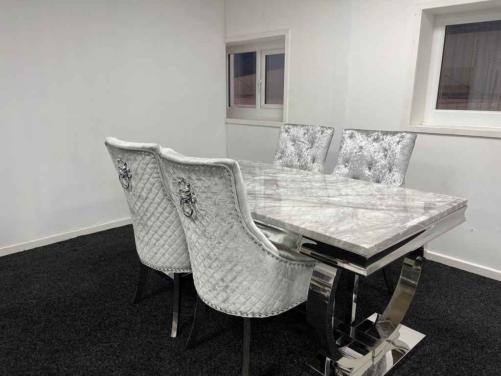 Arianna 180cm White Marble Dining Table + Silver Grey Lion Knocker Velvet Chairs