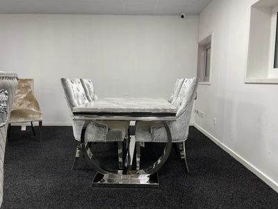 Arianna 180cm White Marble Dining Table + Silver Grey Lion Knocker Velvet Chairs