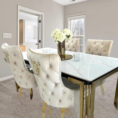 Sorrento 150cm Gold Dining Table with White Ceramic Marble Top + Cream/Gold  Ring Knocker Velvet Chairs