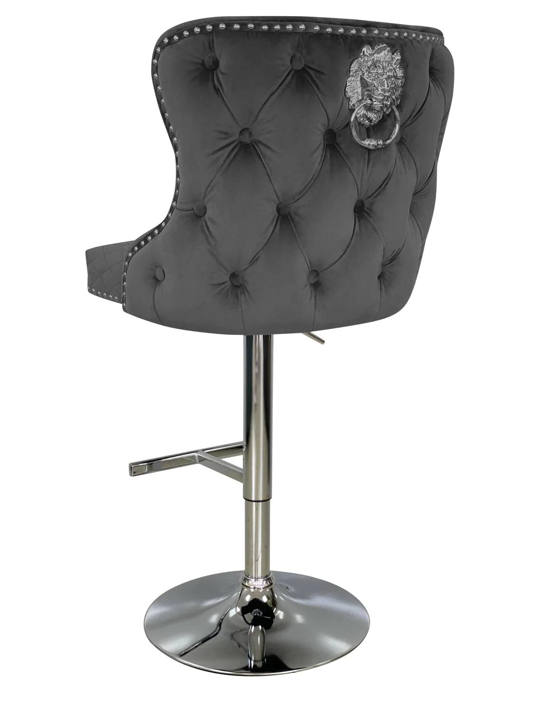 Valentino Grey Lion Knocker Quilted Back Plush Velvet Chrome Bar Stool-Esme Furnishings