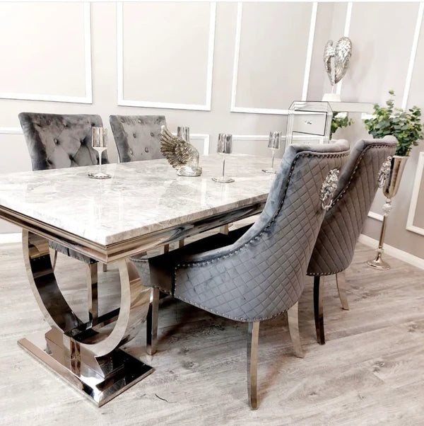 Arianna Marble & Chrome Dining Table With Quilted Lion Knocker Velvet ...