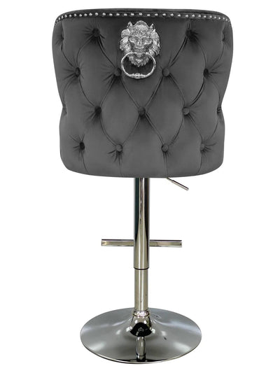 Valentino Grey Lion Knocker Quilted Back Plush Velvet Chrome Bar Stool-Esme Furnishings