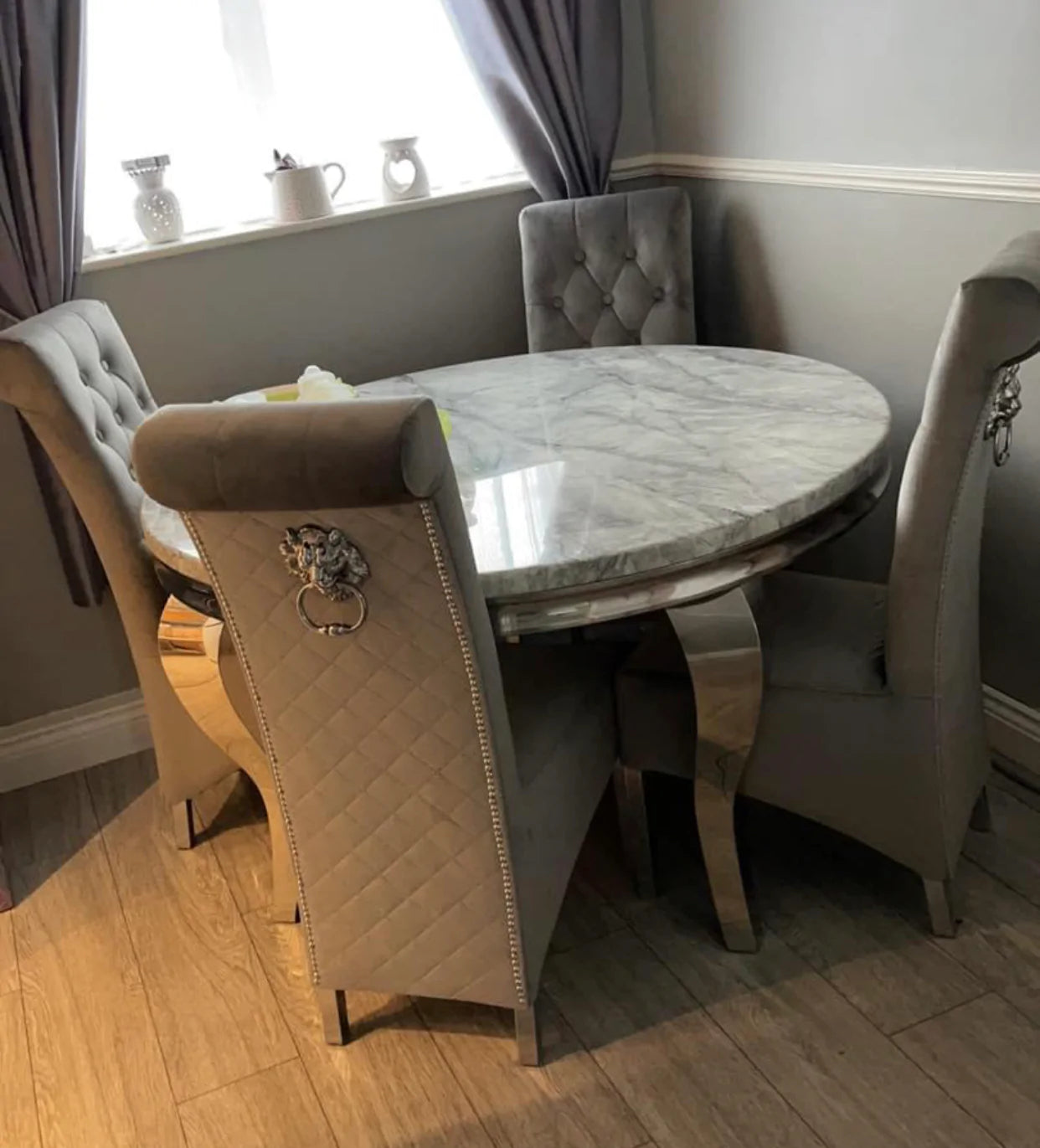 Louis White Marble 130cm Round Dining Table + Lucy Grey Lion Knocker Plush Velvet Chairs-Esme Furnishings