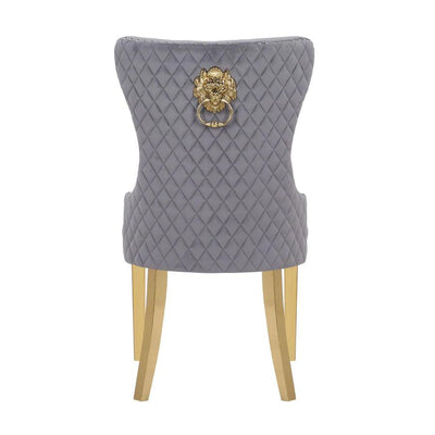Belmont Dark Grey Plush Velvet Gold Lion Knocker Quilted Back Dining Chairs With Gold Legs-Esme Furnishings