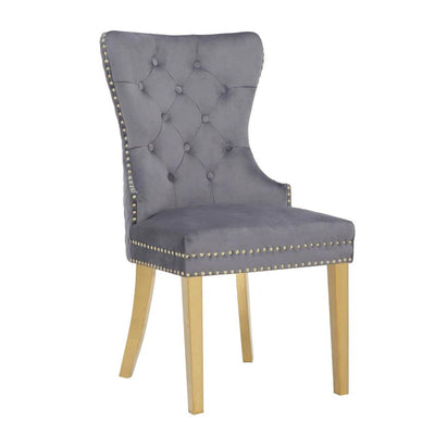 Belmont Dark Grey Plush Velvet Gold Lion Knocker Quilted Back Dining Chairs With Gold Legs-Esme Furnishings