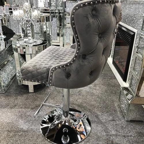 Valentino Grey Lion Knocker Quilted Back Plush Velvet Chrome Bar Stool-Esme Furnishings