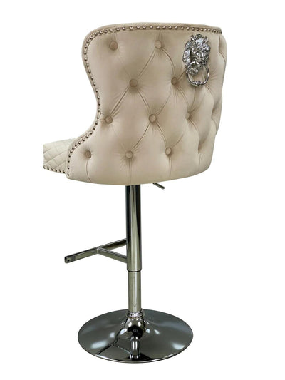 Valentino Mink Lion Knocker Quilted Back Plush Velvet Chrome Bar Stool-Esme Furnishings