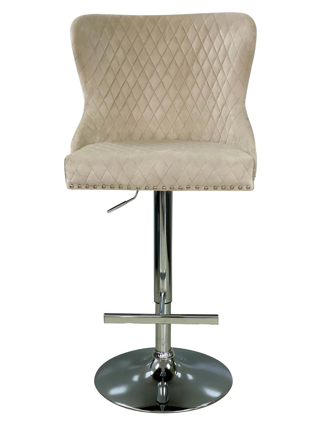 Valentino Mink Lion Knocker Quilted Back Plush Velvet Chrome Bar Stool-Esme Furnishings