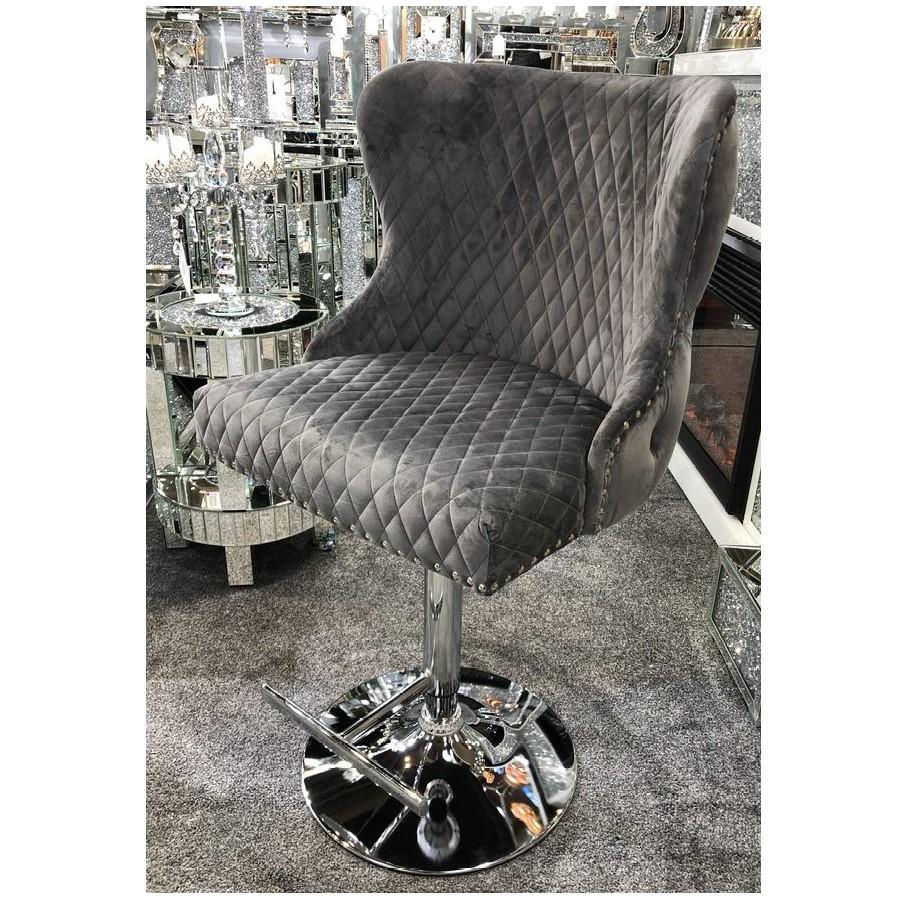 Valentino Grey Lion Knocker Quilted Back Plush Velvet Chrome Bar Stool-Esme Furnishings