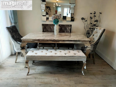Louis 150cm White Marble Dining Table + 4 Silver Grey Velvet Knocker Chairs + 110cm Bench-Esme Furnishings
