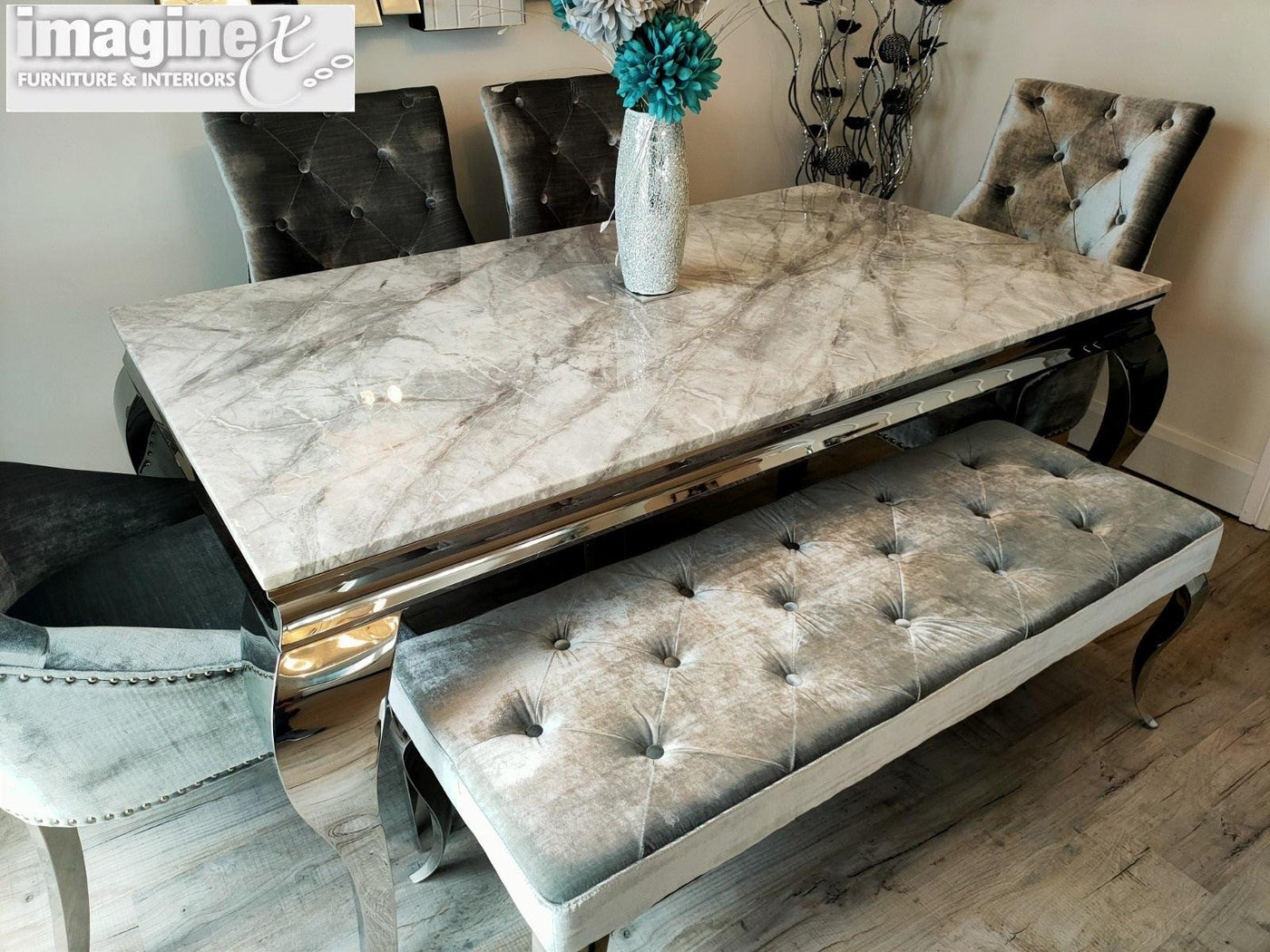 Louis 160cm Grey Marble Dining Table + 4 Silver Grey Velvet Knocker Chairs + 110cm Bench-Esme Furnishings