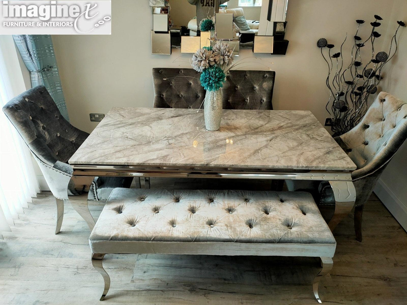 Louis 180cm Grey Marble Dining Table + 4 Silver Grey Velvet Knocker Chairs + 130cm Bench-Esme Furnishings