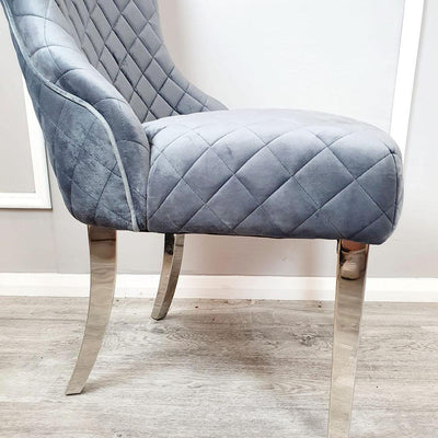 Kate Dark Grey French Plush Velvet Quilted Back Dining Chair With Chrome Clasp-Esme Furnishings