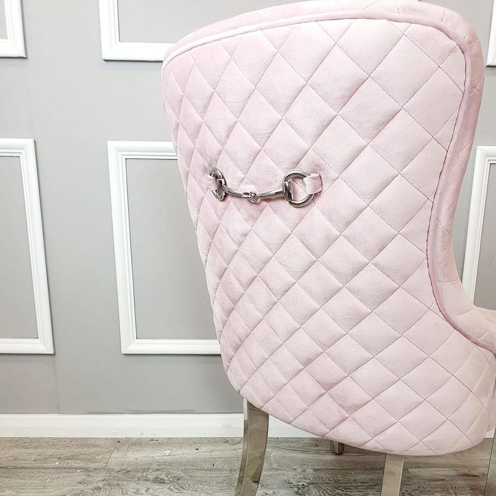 Kate Pink French Plush Velvet Quilted Back Dining Chair With Chrome Clasp-Esme Furnishings