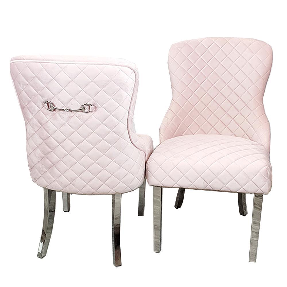 Kate Pink French Plush Velvet Quilted Back Dining Chair With Chrome Clasp-Esme Furnishings