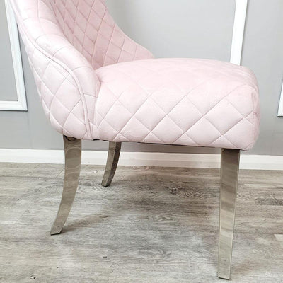 Kate Pink French Plush Velvet Quilted Back Dining Chair With Chrome Clasp-Esme Furnishings