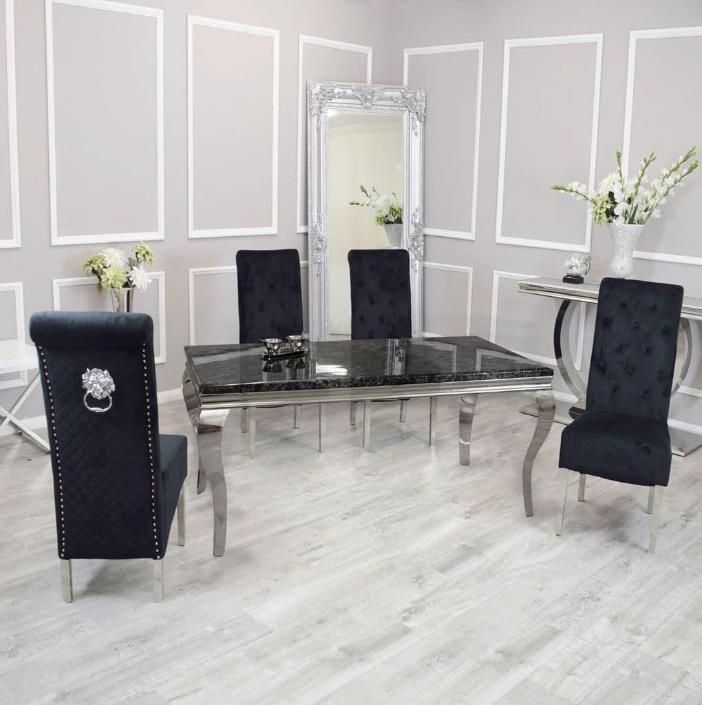 Louis 180cm Black Marble Dining Table + Lucy Black Lion Knocker Plush Velvet Chairs-Esme Furnishings