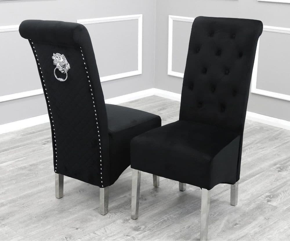 Louis 200cm Black Marble Dining Table + Lucy Black Lion Slim Knocker Plush Velvet Chairs-Esme Furnishings