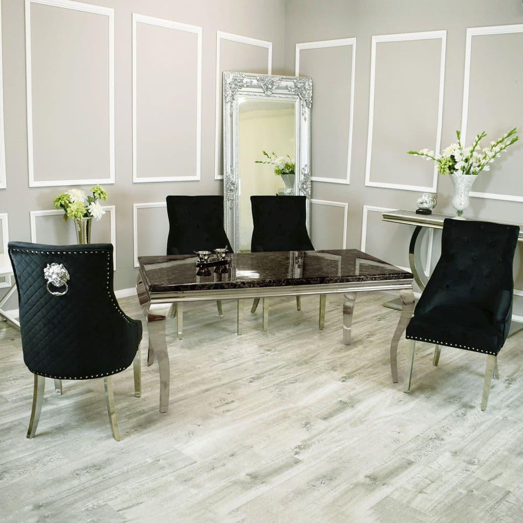 Louis 200cm Black Marble Dining Table + Black Lion Knocker Plush Velvet Chairs-Esme Furnishings