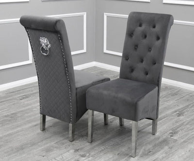 Louis 120cm Grey Marble Dining Table + Lucy Grey Lion Slim Knocker Plush Velvet Chairs-Esme Furnishings