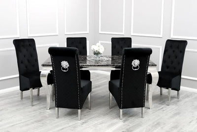 Louis 200cm Black Marble Dining Table + Lucy Black Lion Slim Knocker Plush Velvet Chairs-Esme Furnishings