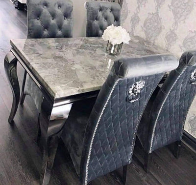 Louis 200cm Grey Marble Dining Table + Lucy Lion Slim Knocker Plush Velvet Chairs In 4 Colours-Esme Furnishings