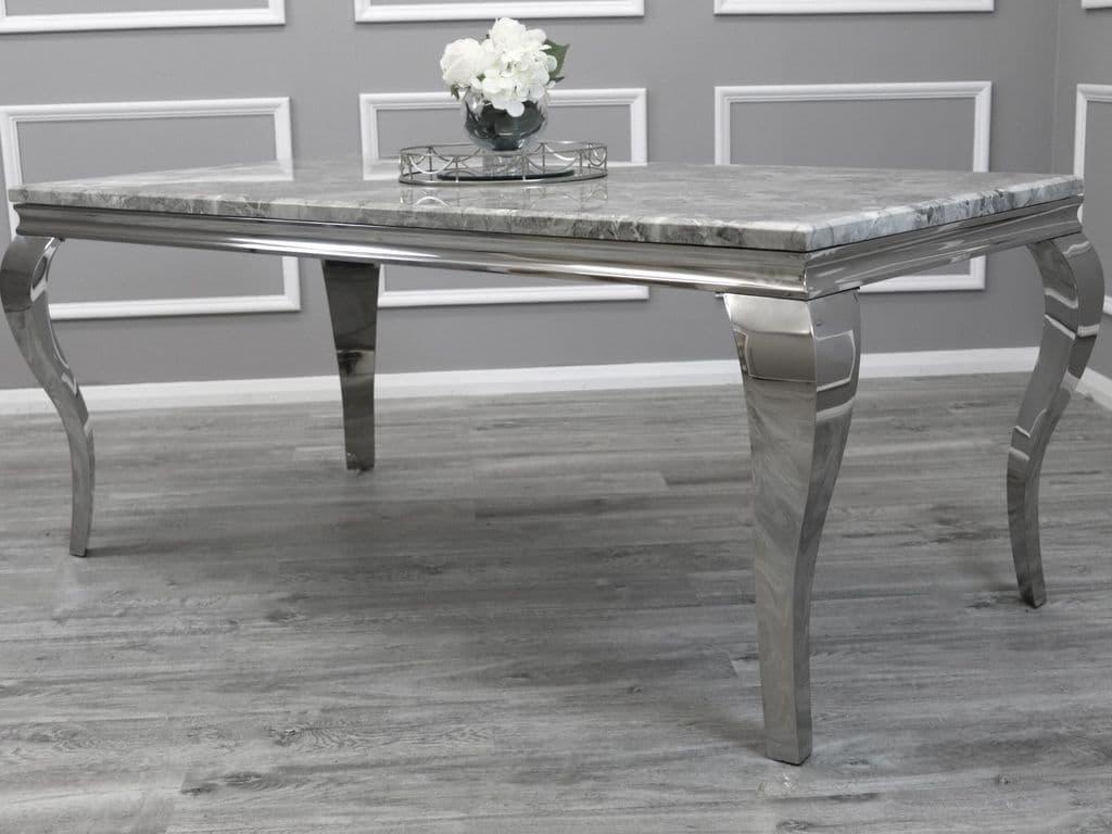 Louis 200cm Grey Marble Dining Table + Grey Chrome Ring Knocker Faux Leather Chairs-Esme Furnishings