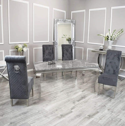 Louis 180cm Grey Marble Dining Table + Lucy Lion Slim Knocker Plush Velvet Chairs In 4 Colours-Esme Furnishings