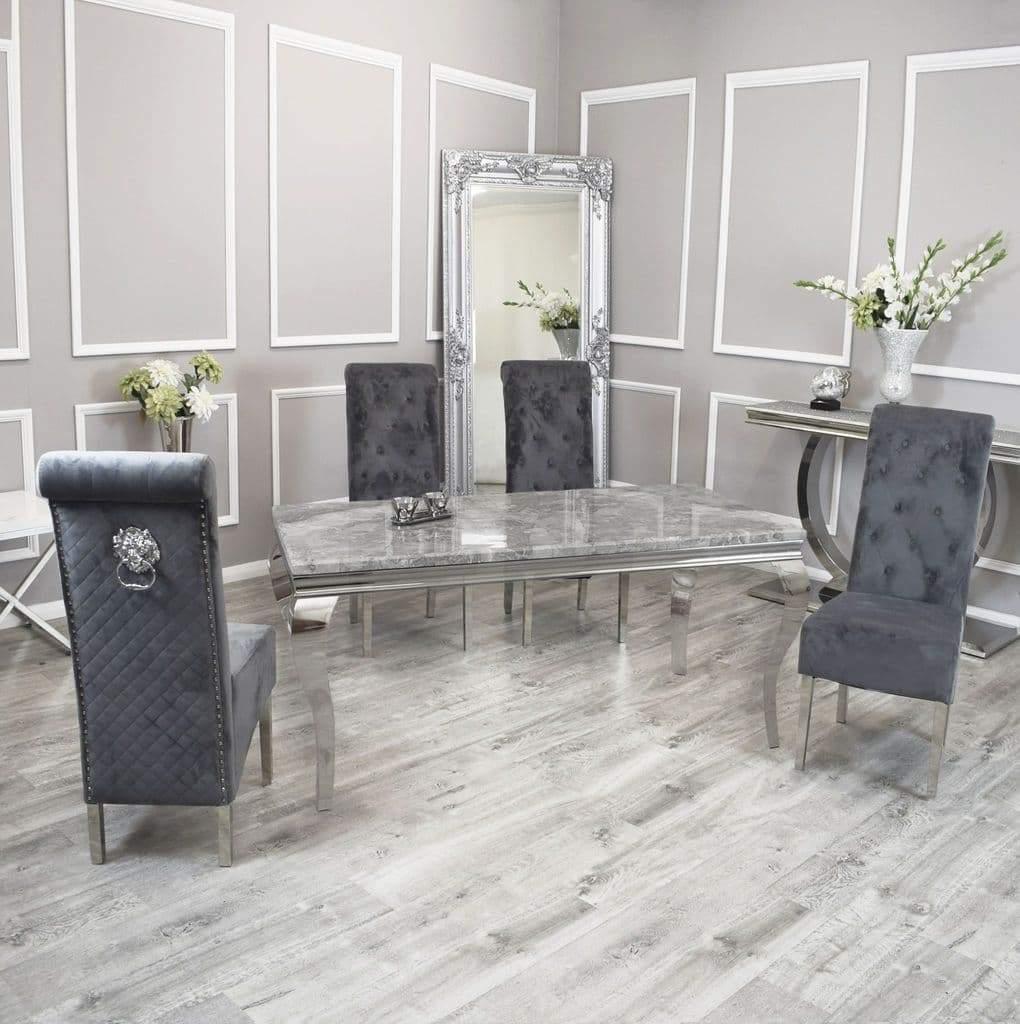 Louis 180cm White Marble Dining Table + Lucy Lion Slim Knocker Plush Velvet Chairs In 4 Colours-Esme Furnishings