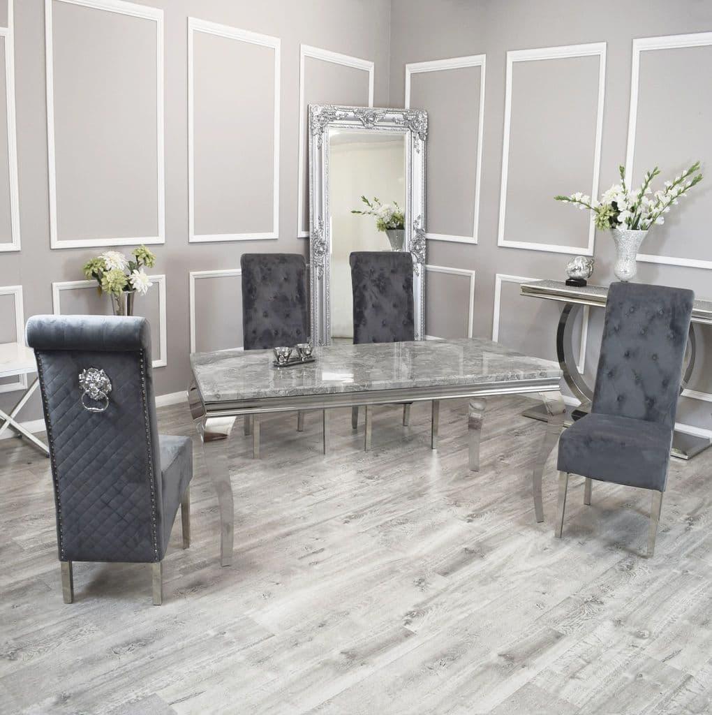 Louis 120cm Grey Marble Dining Table + Lucy Grey Lion Slim Knocker Plush Velvet Chairs-Esme Furnishings