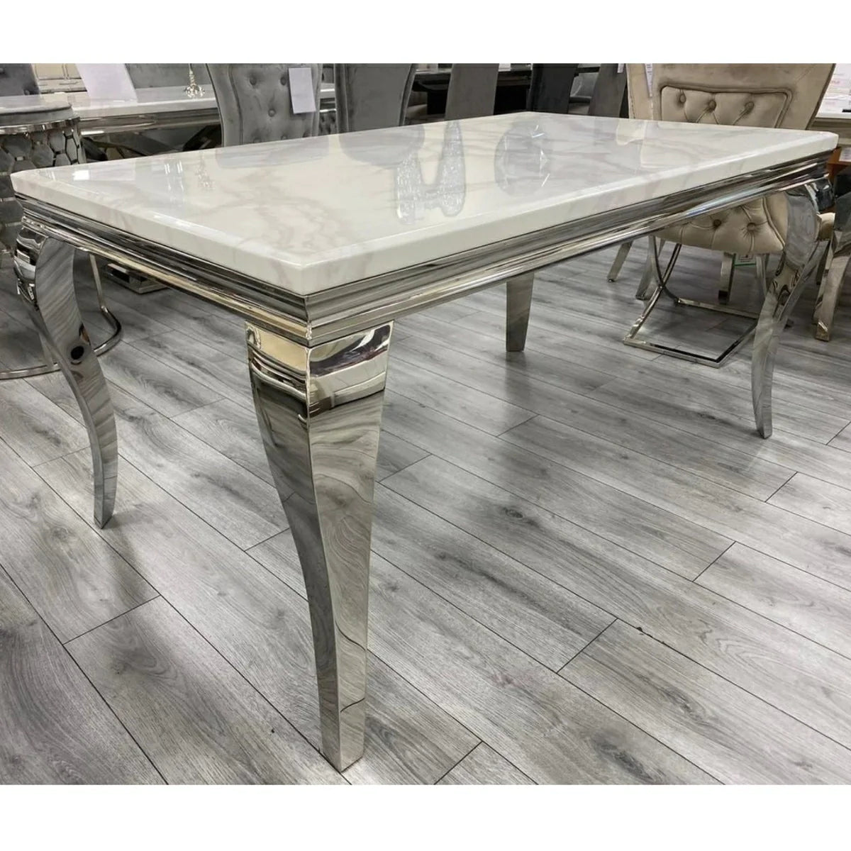 Louis White Marble 150CM Dining Table + Valente Grey Lion Chairs, Bench Option